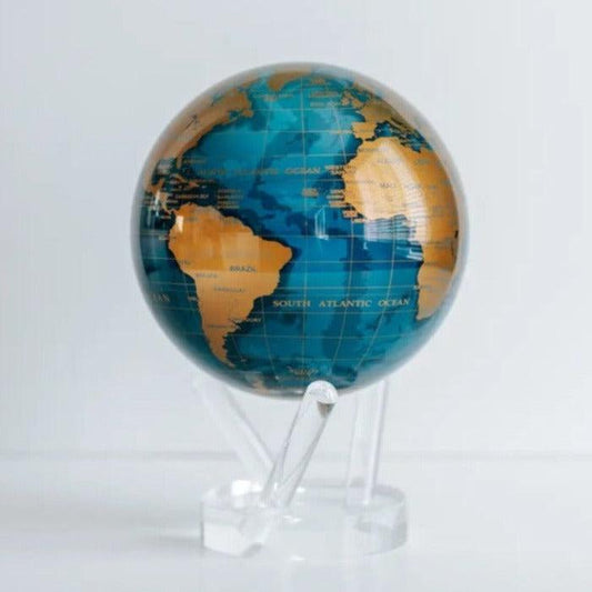 Exclusive Blue and Gold MOVA Globe with shimmering gold landmasses and blue oceans, elegant rotating desk decoration