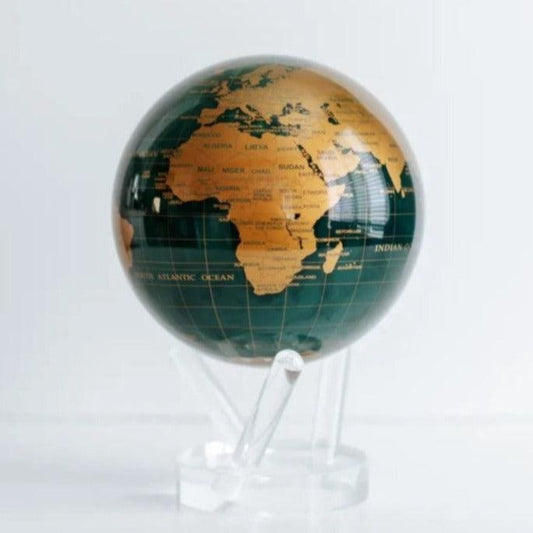 Green and Gold MOVA Globe with metallic gold continents and green oceans, elegant rotating decorative globe for office or living room
