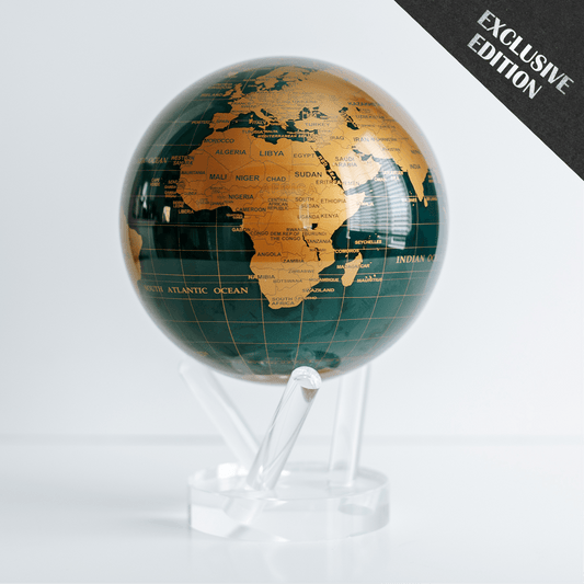 Exclusive Green and Gold MOVA rotating globe on clear acrylic stand, deep green oceans with sleek gold continents, luxury desk ornament and modern home decor