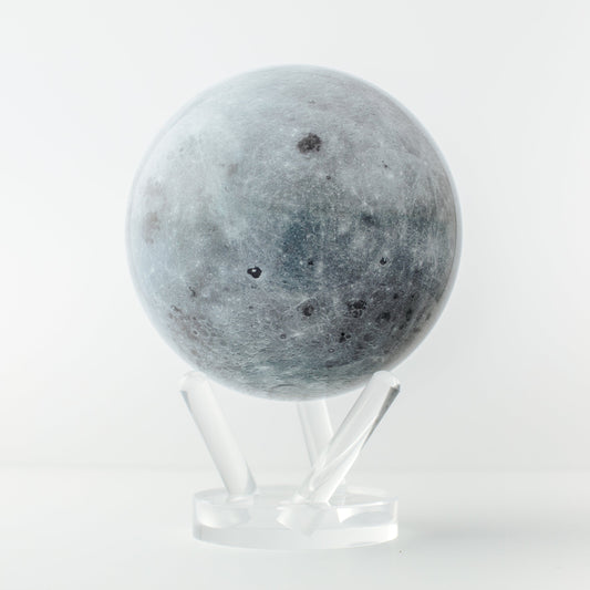 MOVA Moon rotating globe on acrylic stand, detailed lunar surface and craters from NASA imagery, astronomy-inspired desk ornament