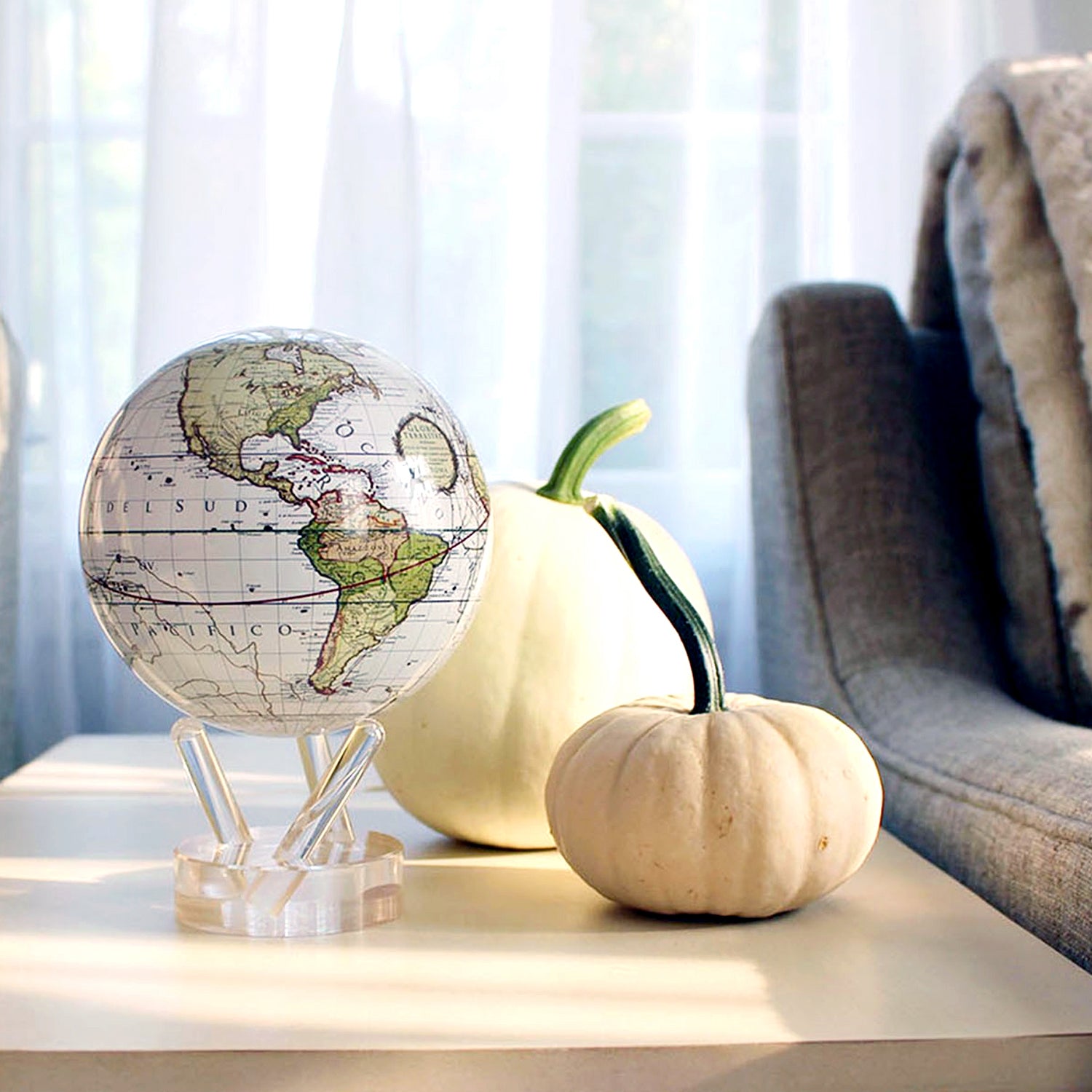 Antique Cassini White MOVA Globe displayed beside decorative pumpkins in a sunlit living room