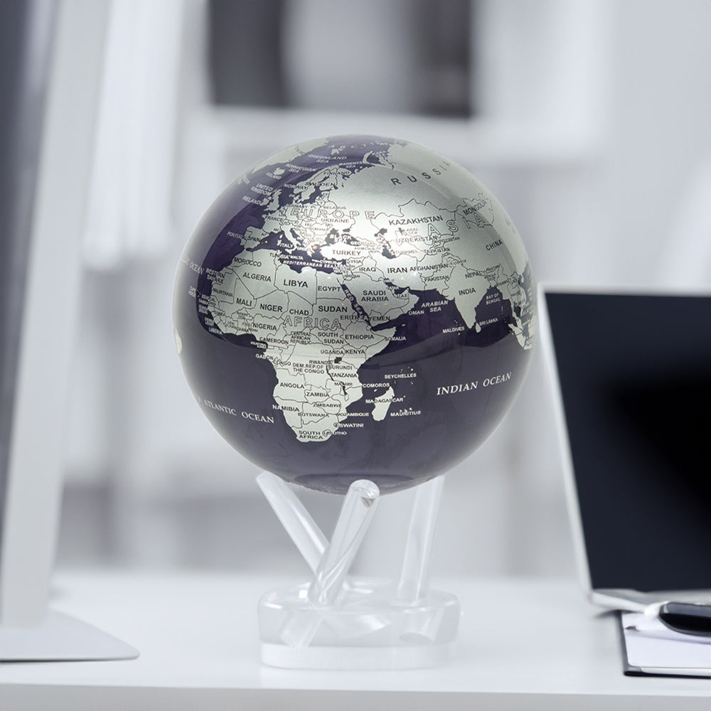 PURPLE AND SILVER GLOBE | Hidden magnets provide movement - MOVA UK