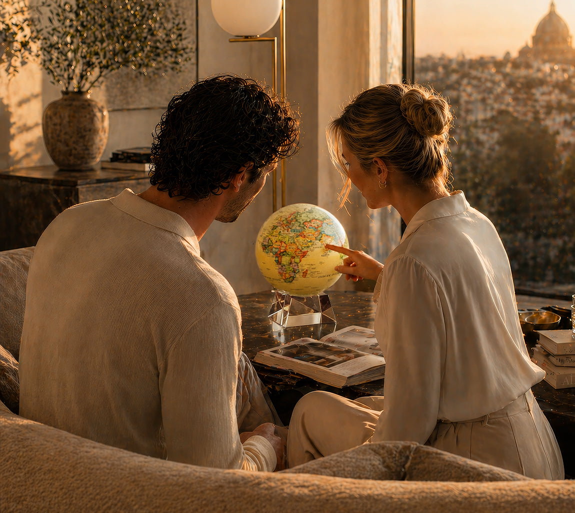 Couple exploring a MOVA globe to celebrate shared travel memories