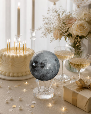Moon-inspired MOVA globe styled for elegant birthday celebration décor
