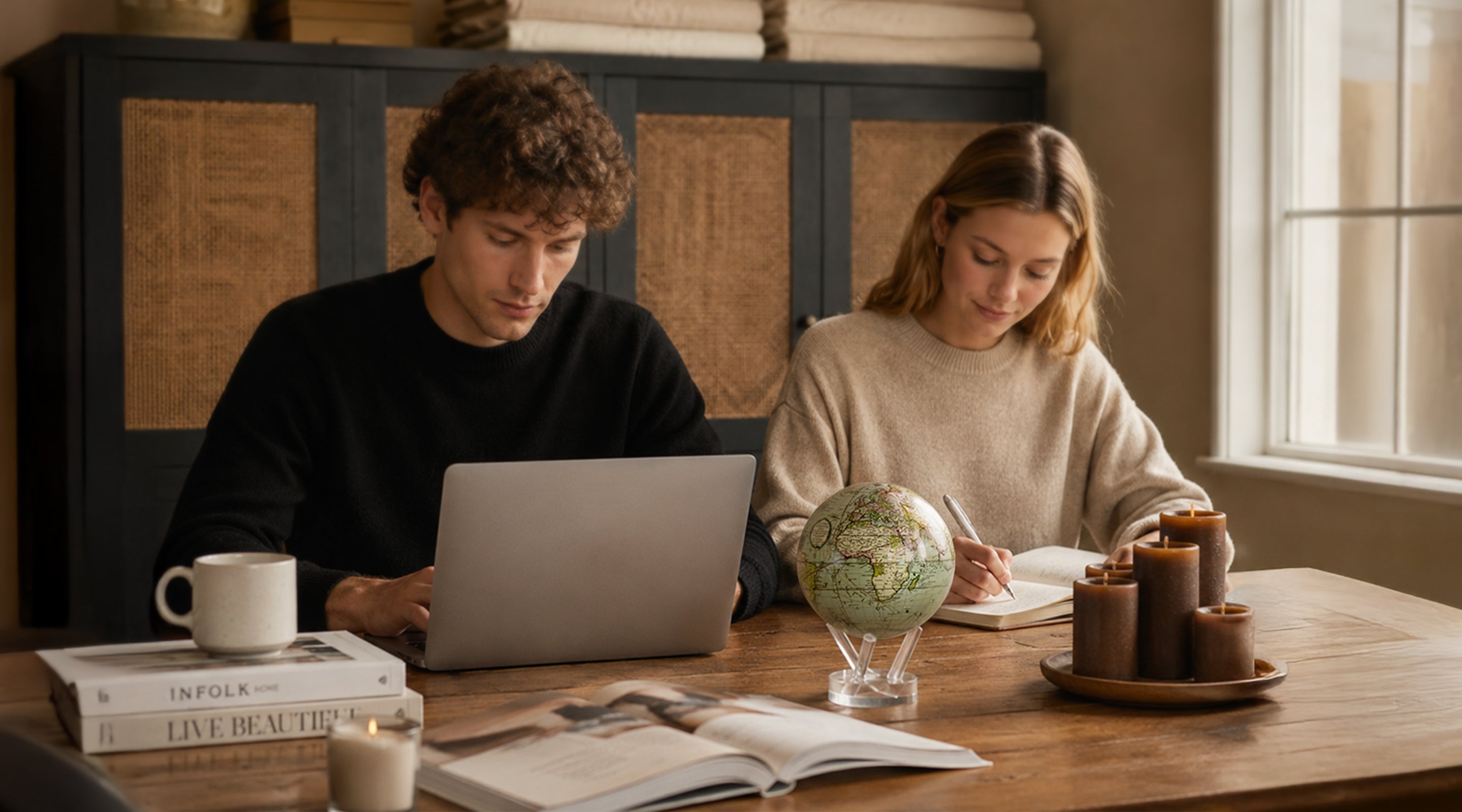 MOVA antique cassini green globe with acrylic base on dining table in cozy home office study setting