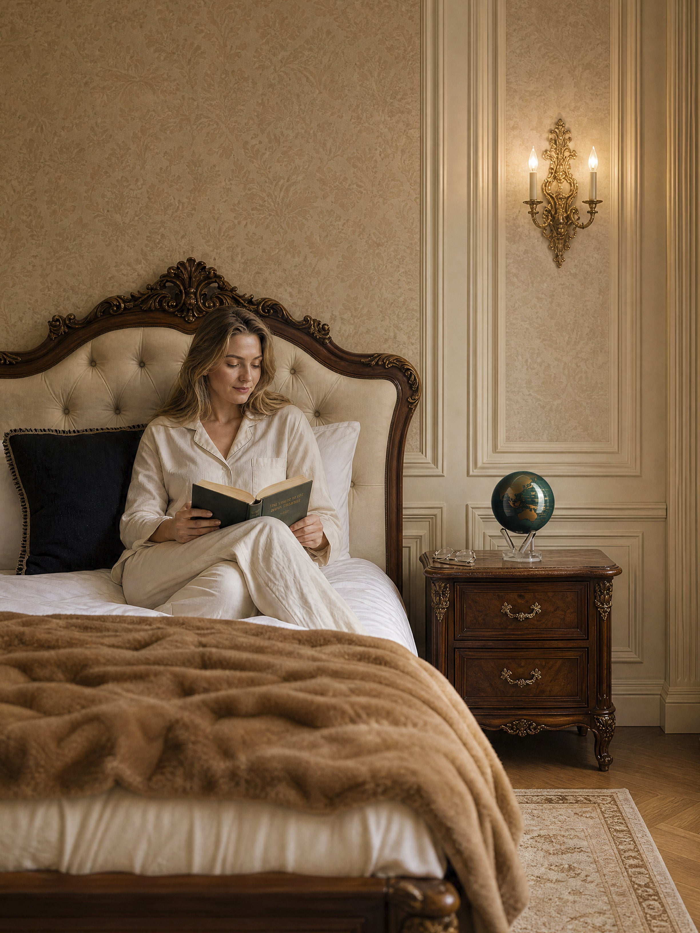 MOVA globe displayed in an elegant luxury bedroom with classic traditional home decor styling