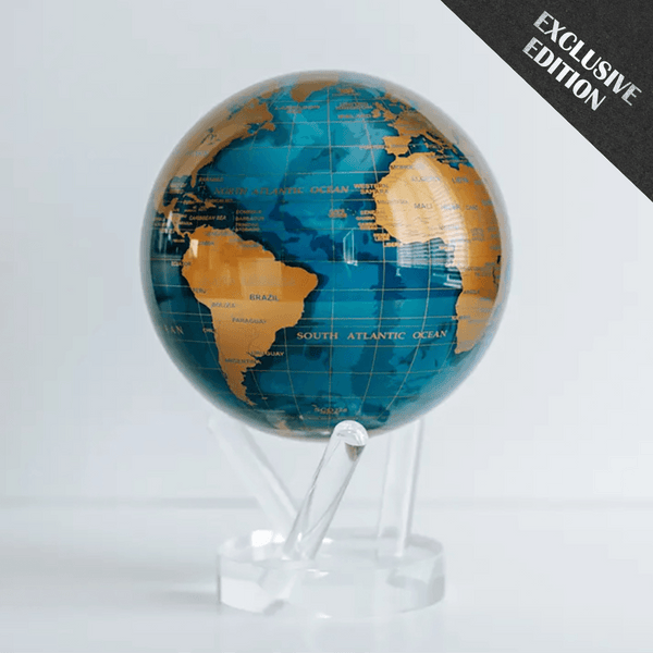 Blue and Gold MOVA rotating globe on clear acrylic stand, cerulean oceans and gold metallic continents, luxury desk ornament and modern home decor