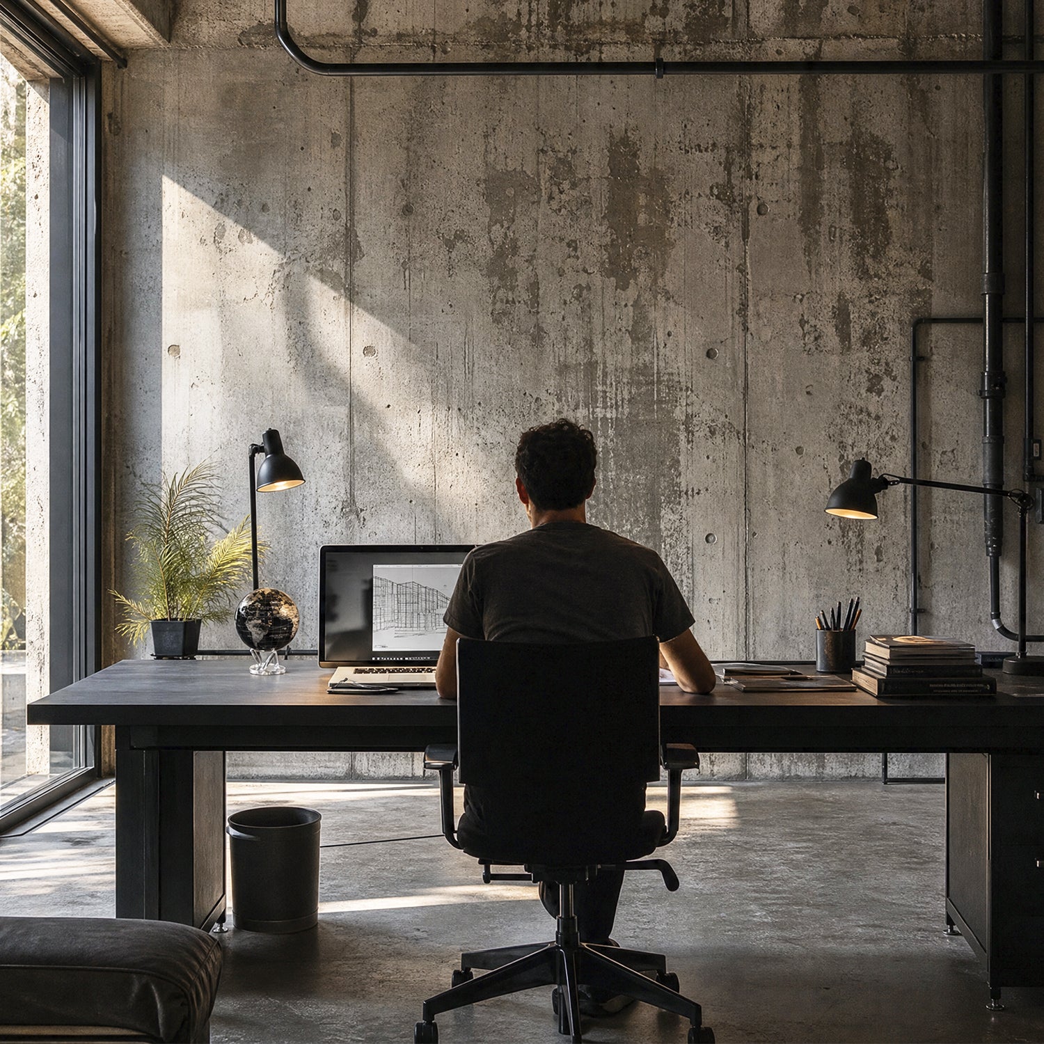 Modern industrial workspace with MOVA globe decor, concrete walls and minimalist contemporary office styling