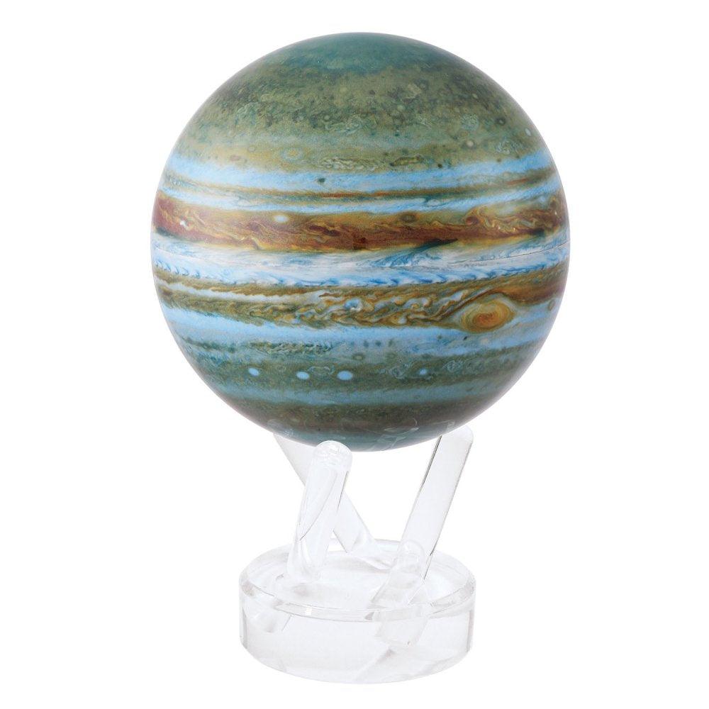 MOVA Jupiter rotating globe on acrylic stand, detailed NASA imagery showing blue and brown bands with Great Red Spot, astronomy-inspired desk ornament