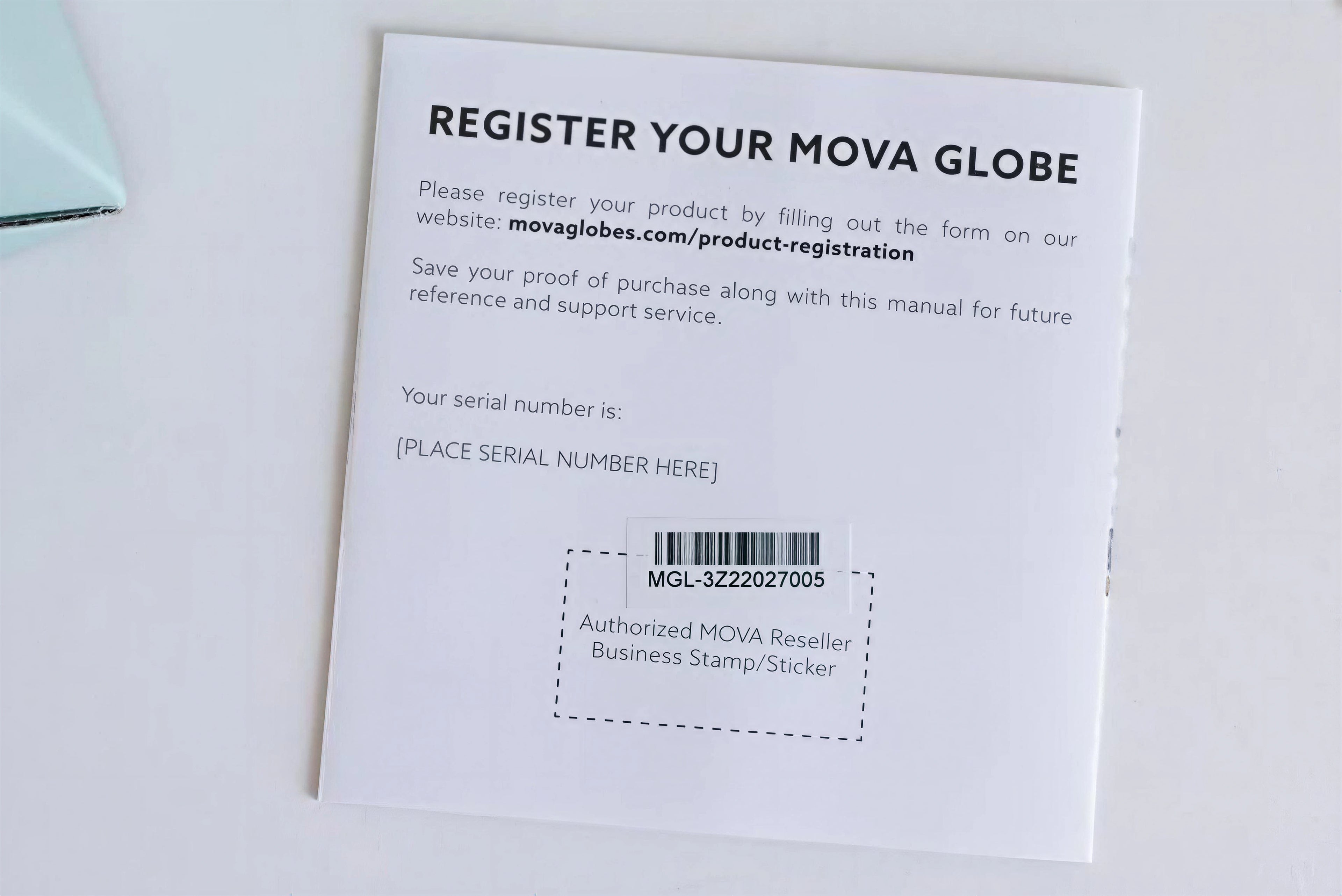 MOVA globe registration card displaying product serial number information