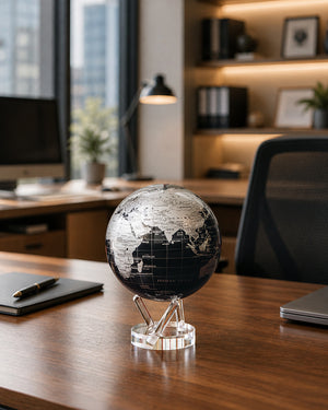JET Black and silver MOVA globe displayed on modern executive desk