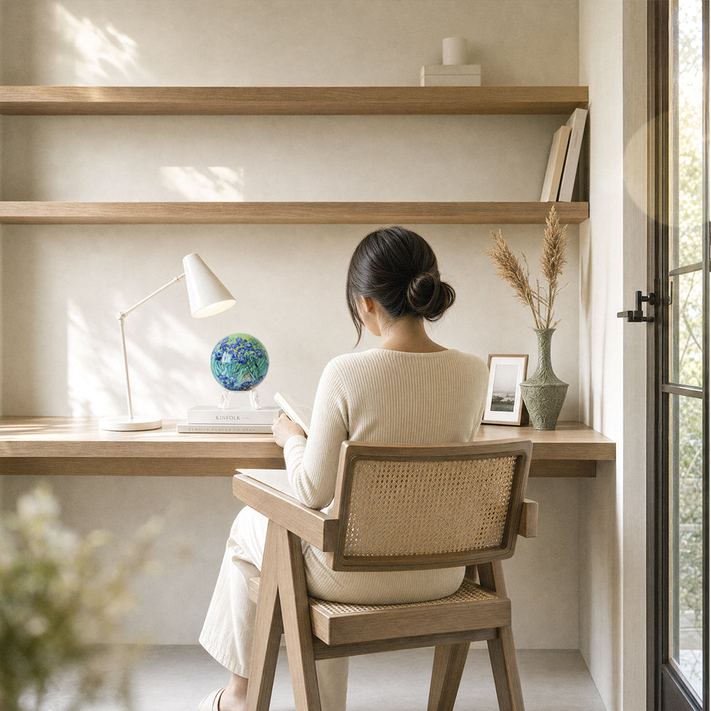 MOVA globe displayed on a minimalist desk in a modern Scandinavian home office