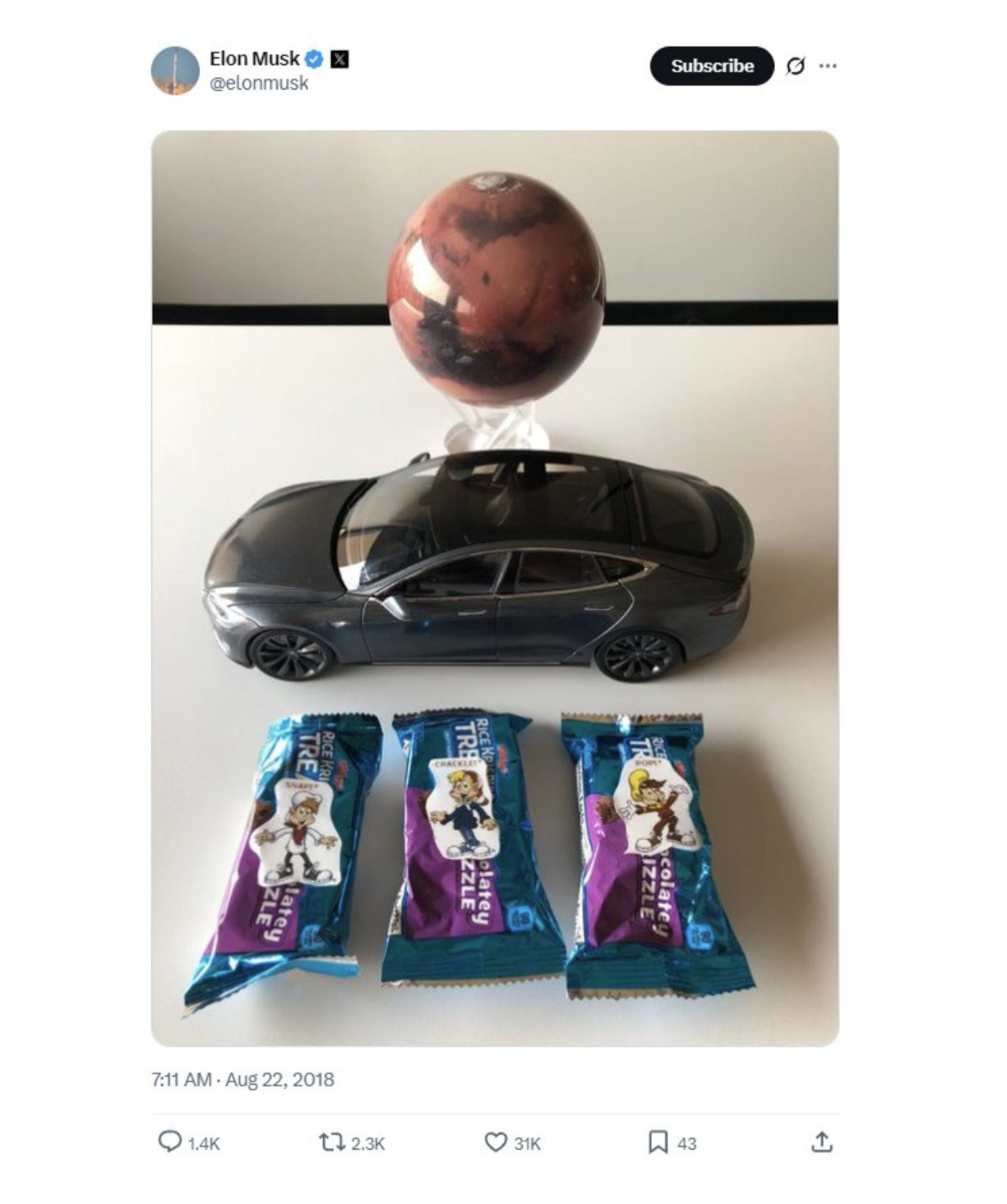Screenshot of an Elon Musk social media post featuring a Mars MOVA globe above a model electric car and candy bars