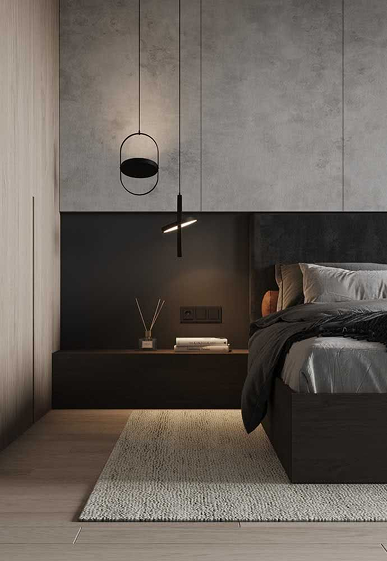 Industrial style modern bedroom with dark wood accents, minimalist pendant lighting, and contemporary urban interior design