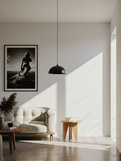 Minimalist modern living room with black pendant light, neutral sofa, and Scandinavian-inspired interior decor