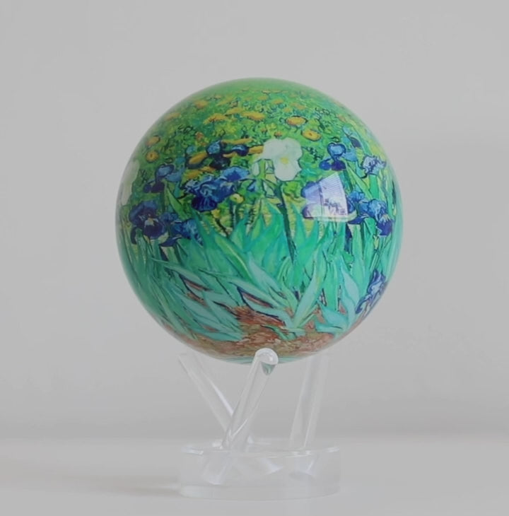 Irises MOVA globe rotating on acrylic base in Van Gogh art themed product video